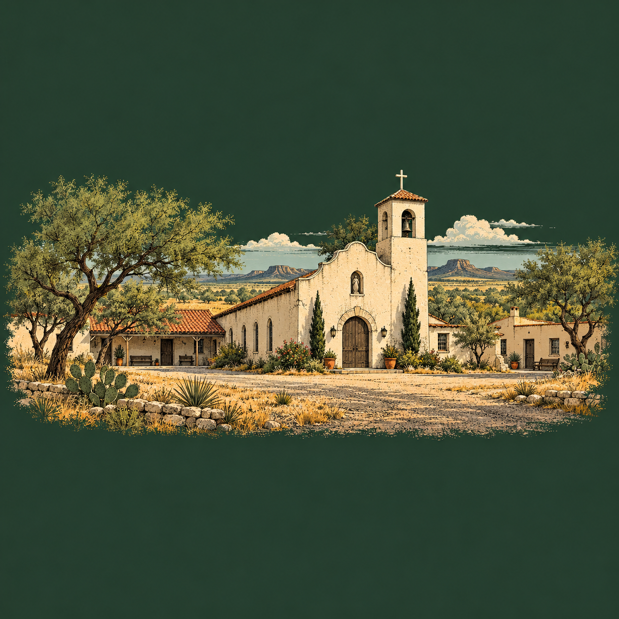 Illustration of a sunlit West Texas parish campus, the setting of A Sermon for Machines